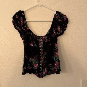 Free People Black Floral Blouse with Button Accents